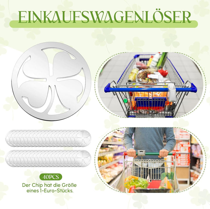 40 Einkaufswagenchips mit Vierblättrigem Kleeblatt Edelstahl Einkaufschip Tragbar Glücksbringer Eink