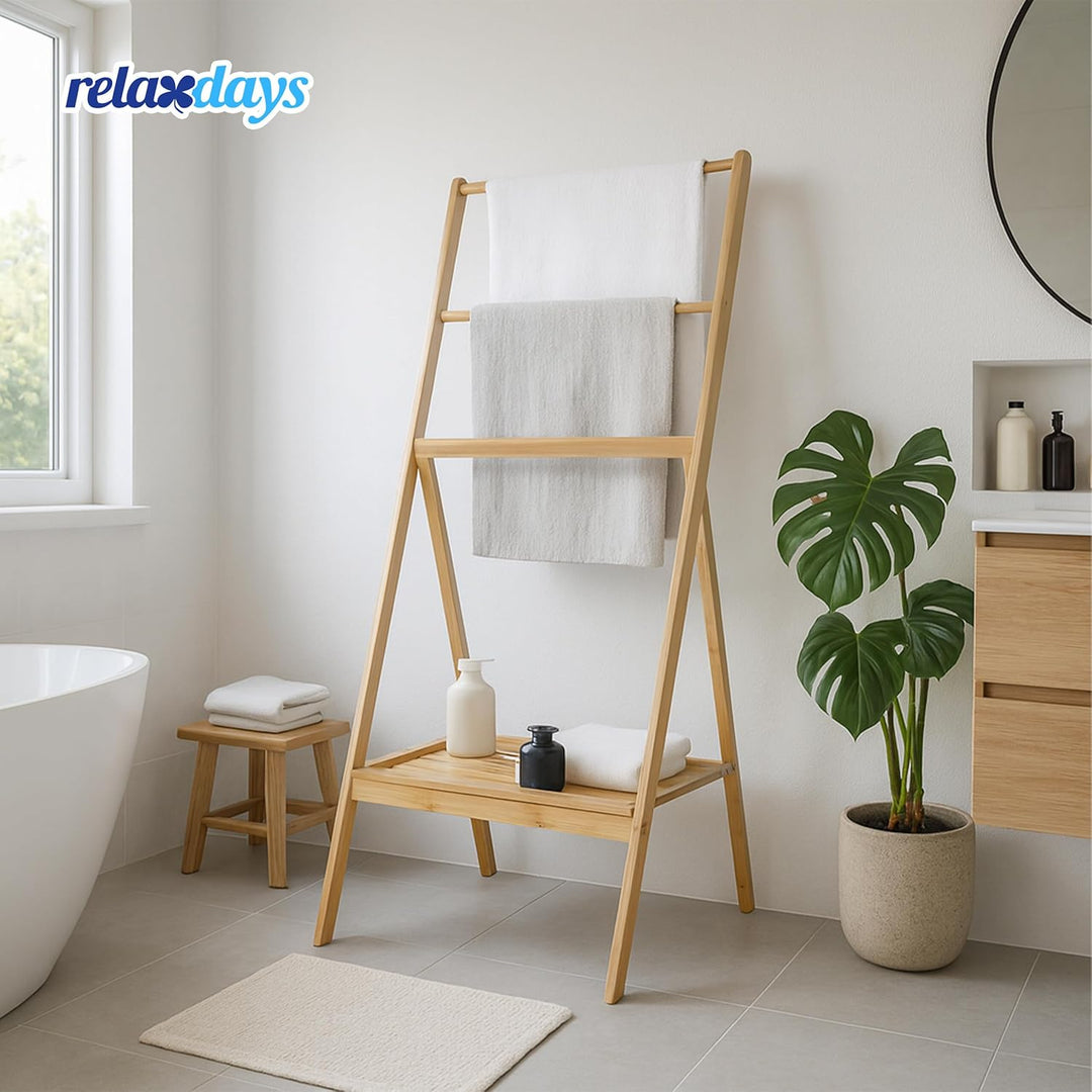 Relaxdays Handtuchständer Bambus, klappbar, Ablage, 3 Stangen, HxBxT: 112 x 55 x 44,5 cm, Handtuchab