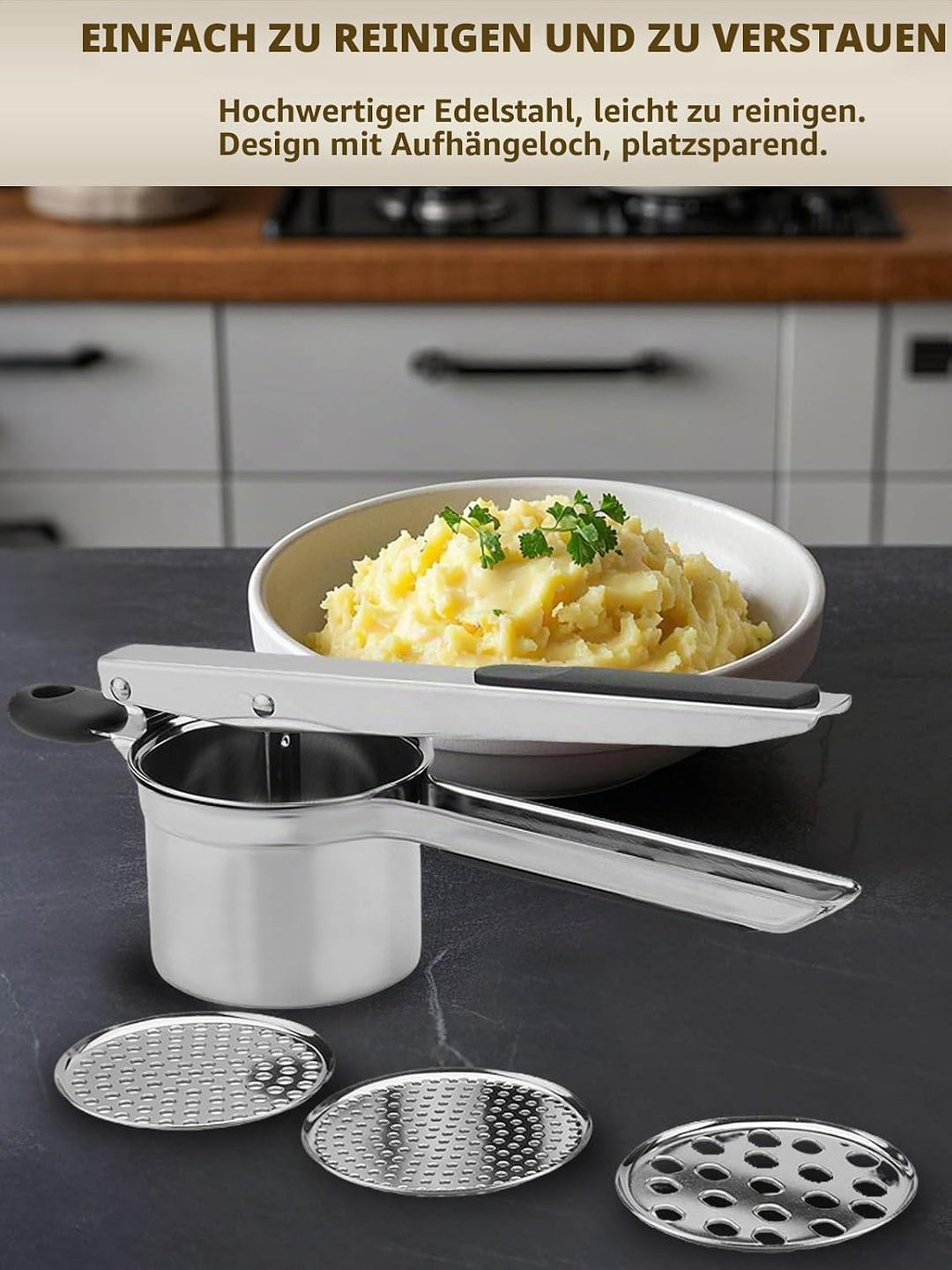 Kartoffelpresse aus robustem Edelstahl, Kartoffelstampfer und -presse für Kartoffelpüree, Küchenhelf