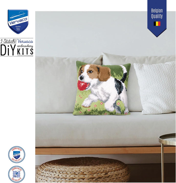 Vervaco Kreuzstichkissen Beagle Kreuzstickpackung vorgedruckt, Stramin, weiss, 40 x 40 x 0,3 cm