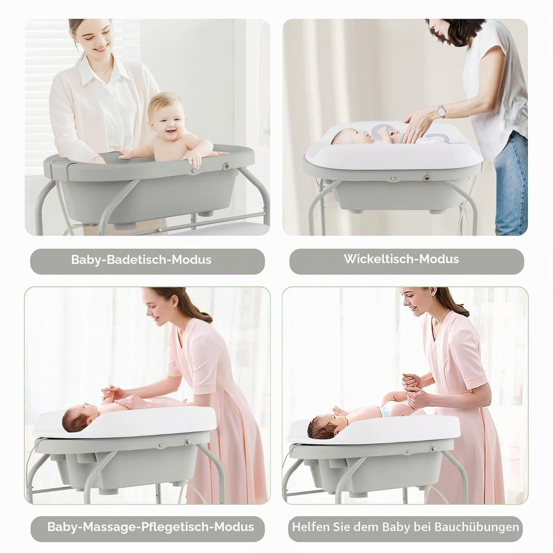 LIFEZEAL Wickeltisch mit Badewanne, 2 in 1 Flatbare Bade-Wickelkombination auf Räder, Badewannenaufs