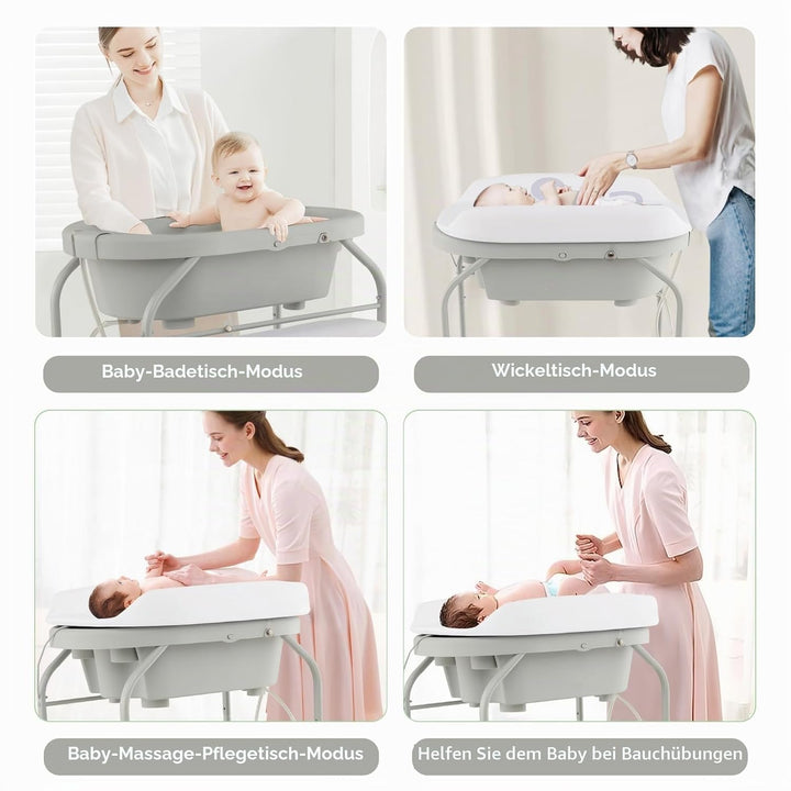 LIFEZEAL Wickeltisch mit Badewanne, 2 in 1 Flatbare Bade-Wickelkombination auf Räder, Badewannenaufs