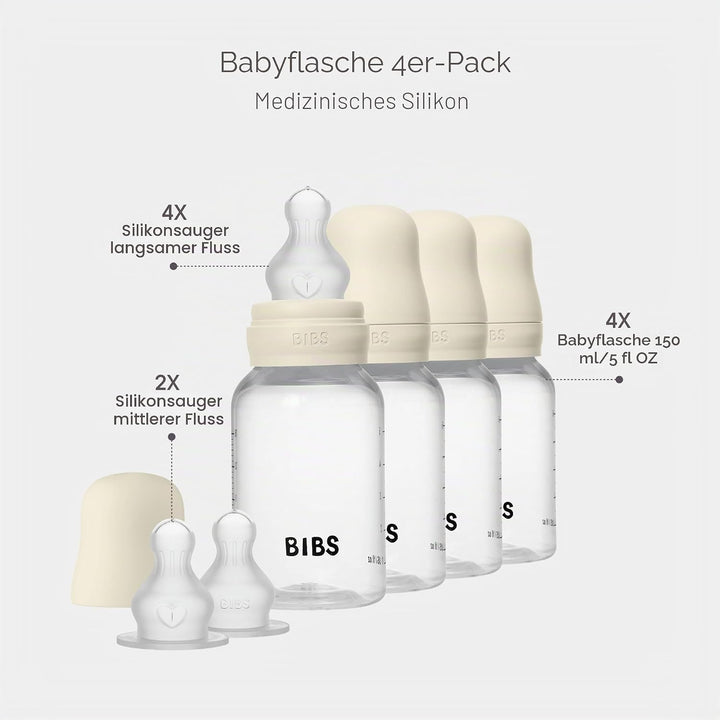 BIBS Babyflasche 150 ml, 4er-Pack Sauger aus Silikon- Babyflaschenset, Anti-Kolik, BPA-frei, Langsam