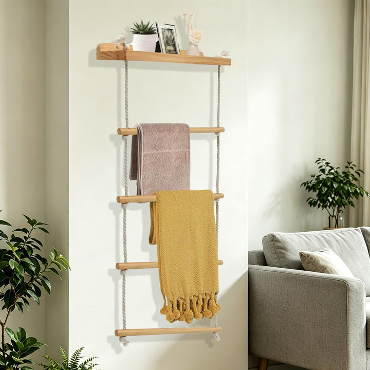 5-Schicht Handtuchhalter Wand Montage, 2-in-1 Multifunktionales Holz Handtuchständer Badezimmer, Han