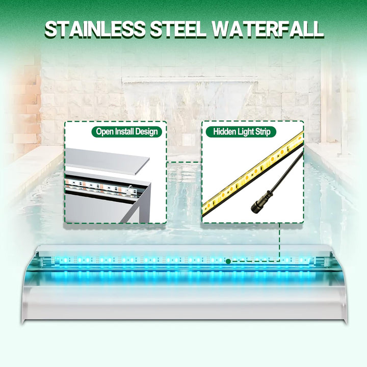 LONGRUN 30cm Teich Wasserfall Klingen Set, 304 Edelstahl Gebogener Wasserfall mit 7 Farben LED und F