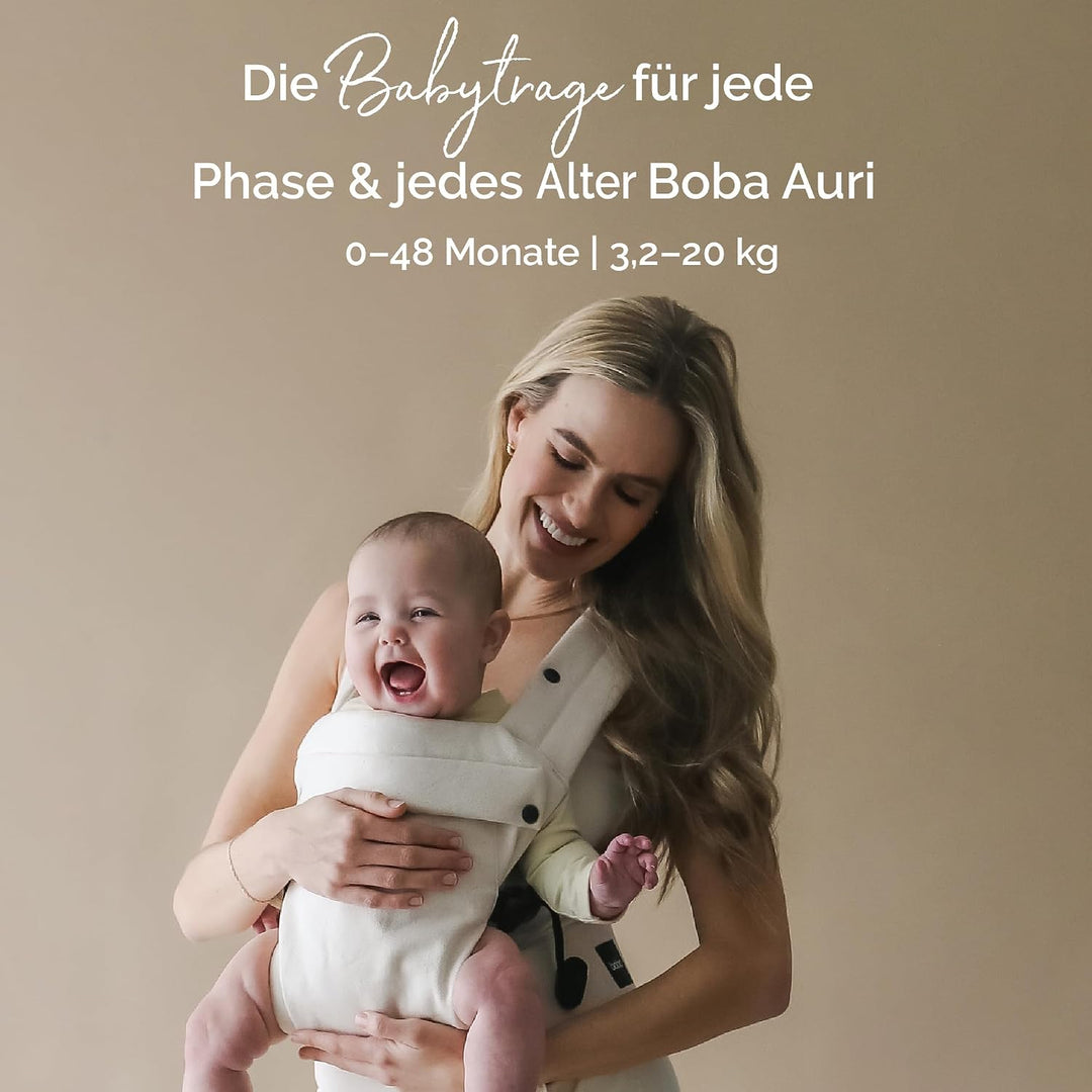 Boba Auri Babytrage Neugeboren bis Kleinkind - 100% Baumwolle-Premium, 3 ergonomische Tragepositione