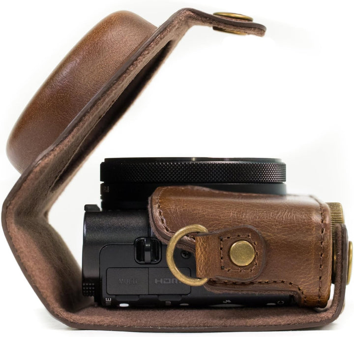 MegaGear Leder Kameratasche für Sony Cyber-shot DSC-WX500 Kompakte Systemkamera Dunkelbraun, Dunkelb