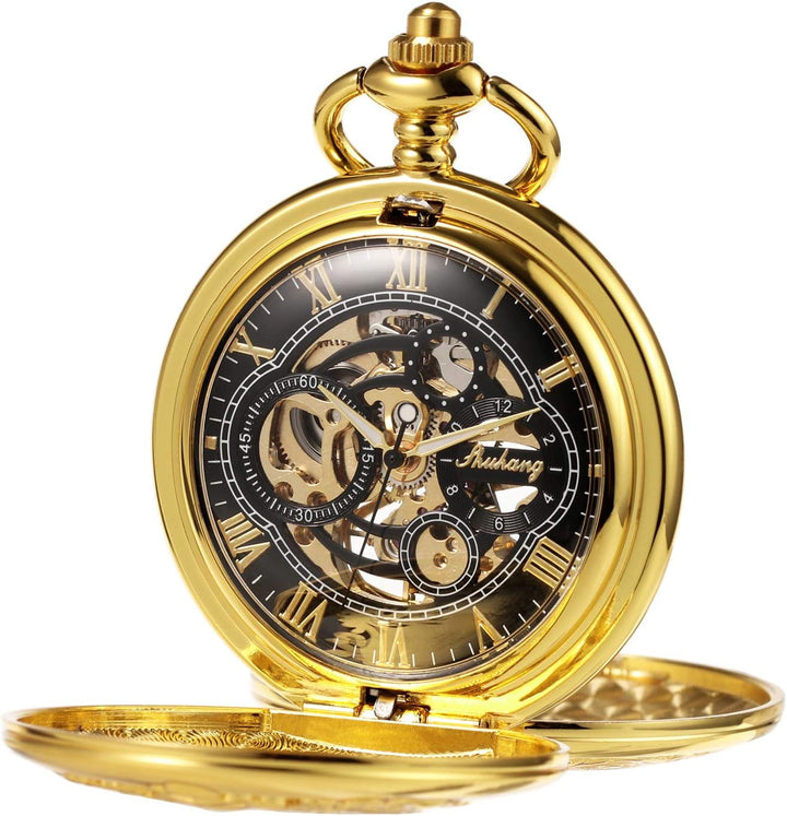 TREEWETO Unisex Taschenuhr Mechanisch Doppelter Abdeckung Vogelschild Skelett Steampunk Für Herren D