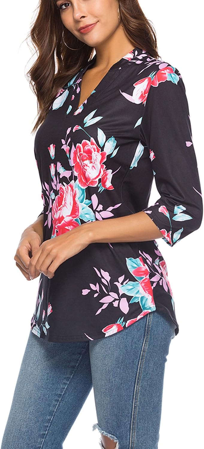 CEASIKERY Damen Shirt Tunic Shirt Tunic S Floral Black, S Floral Black