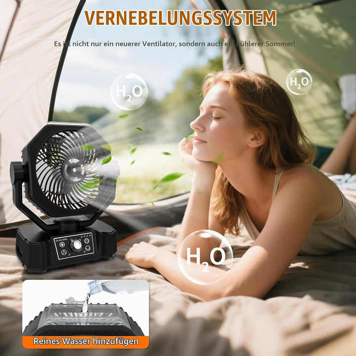 Camping Ventilator mit Wasserkühlung, Solarpanel, licht, 12000mAh Solarventilator Outdoor, Wiederauf