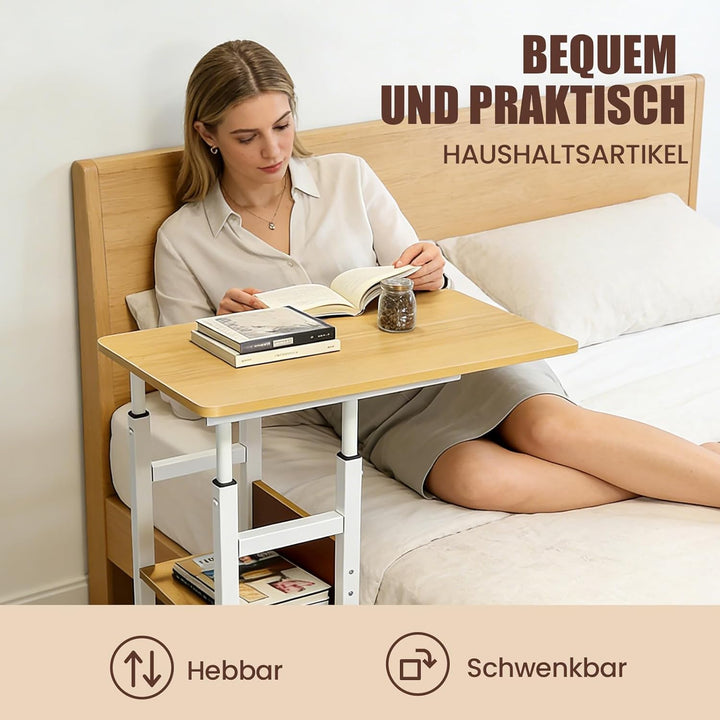 MYKAGS C-förmig Verstellbarer Couchettisch mit verschliessbaren Rollen und 2 Aufbewahrungsregalen, T