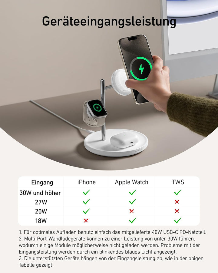 Anker MagGo 3-in-1 Kabellose Ladestation, 15W kabelloser Ladeständer, MagSafe-kompatibel, Qi2-zertif