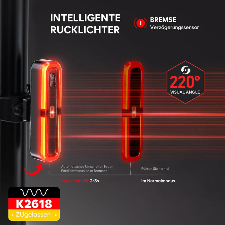 Fahrradlicht Set, 100LUX, Mit Sensorbremse und Fernlichtfunktion, 3200mAh Akku, StVZO zugelassen, Ty