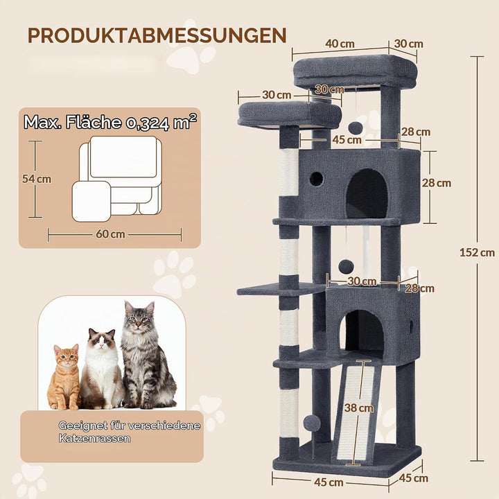 Kratzbaum 152 cm, Katzenbaum Gross, Kratzbaum Grosse Katzen Stabil mit Kratzsäulen, Kratzbrett, 2 Be
