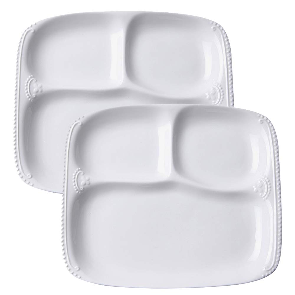 TAMUME Porzellanteller mit 3 Fächern zum Frühstück Speiseteller Set, Packung mit 2 (Rechteck), Recht