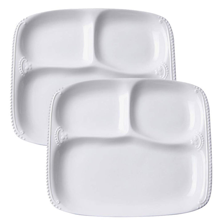 TAMUME Porzellanteller mit 3 Fächern zum Frühstück Speiseteller Set, Packung mit 2 (Rechteck), Recht