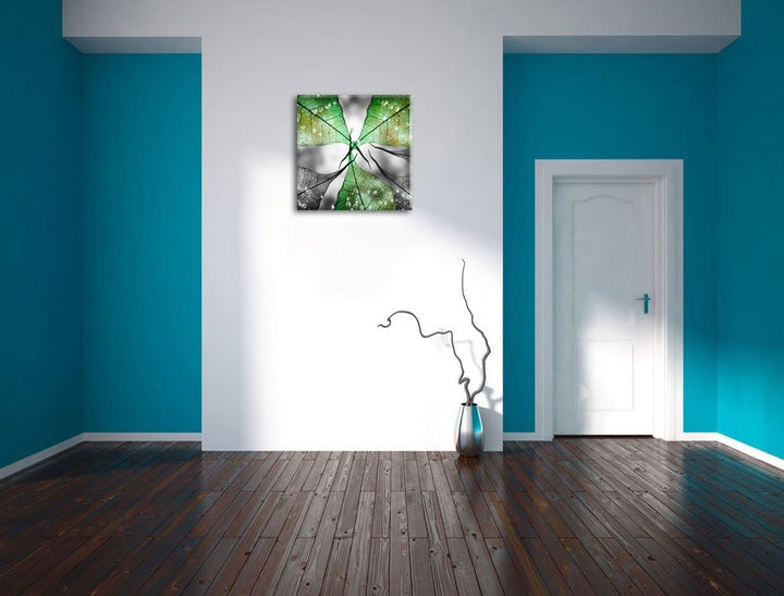 Pixxprint grüne Blätter mit Wassertropfen schwarz/weiss, Format: 70x70 auf Leinwand, 70x70