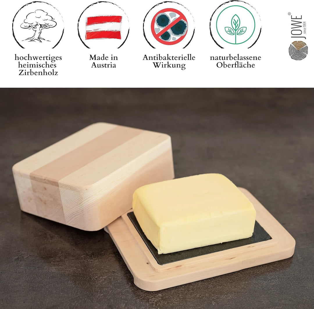 JOWE personalisierte Butterdose aus Zirbe | Zirbenbutterdose mit HPL Platte | made in Austria | Mit