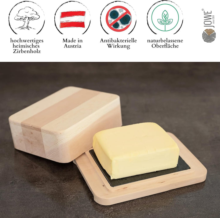 JOWE personalisierte Butterdose aus Zirbe | Zirbenbutterdose mit HPL Platte | made in Austria | Mit