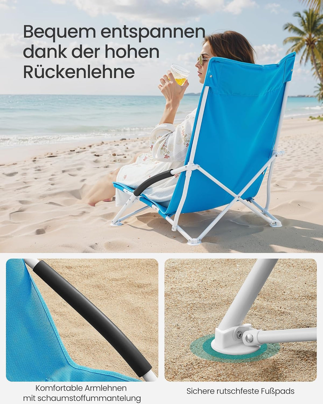 SONGMICS Strandstuhl mit hoher Rückenlehne, tragbarer Klappstuhl, klappbarer Campingstuhl, faltbar,