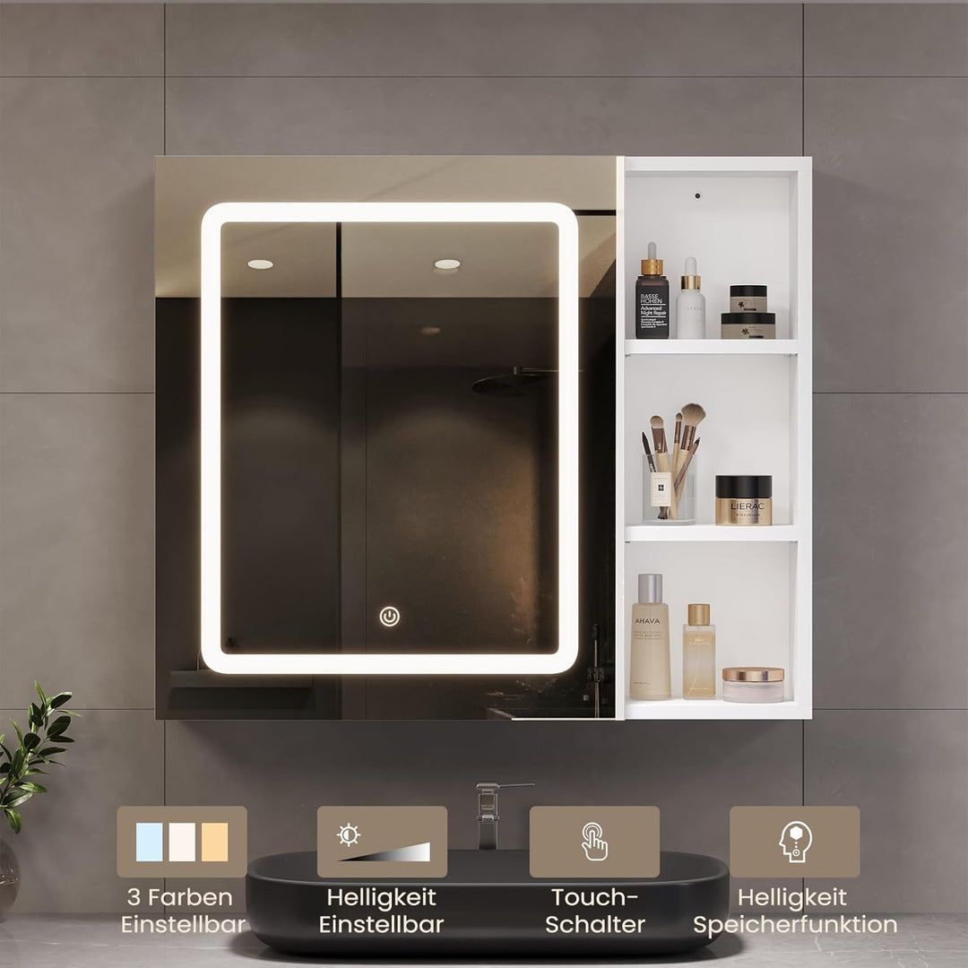 DICTAC Spiegelschrank Bad mit LED Beleuchtung 70x60x16cm Einzeltür Badezimmer spiegelschrank mit Ein