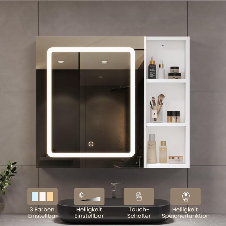 DICTAC Spiegelschrank Bad mit LED Beleuchtung 70x60x16cm Einzeltür Badezimmer spiegelschrank mit Ein