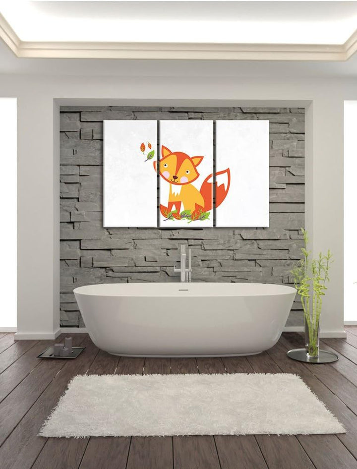 Pixxprint Niedlicher Fuchs in Laub Haufen als Leinwandbild/Grösse: 3 Teilig (120x80) cm/Wandbild/Kun