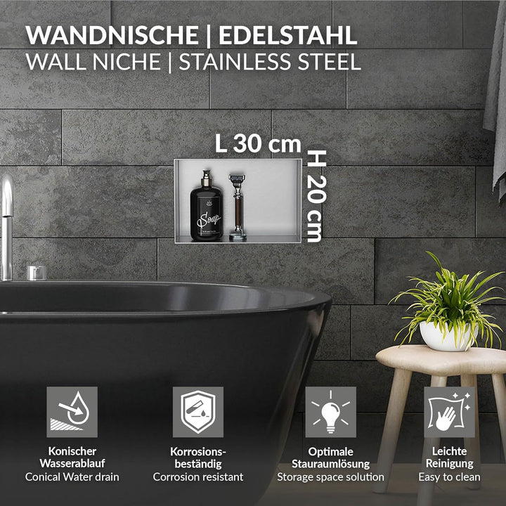 LuxeBath Wandnische aus Edelstahl, 20x30x10 cm, Silber, Duschnische, Randlos, Einbauregal, Flexibler