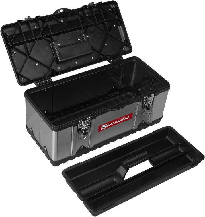 Werkzeugkoffer leer Edelstahl 47 x 24 x 21 cm Werkzeugkasten mit herausnehmbarer Ablage, Werkzeugkis