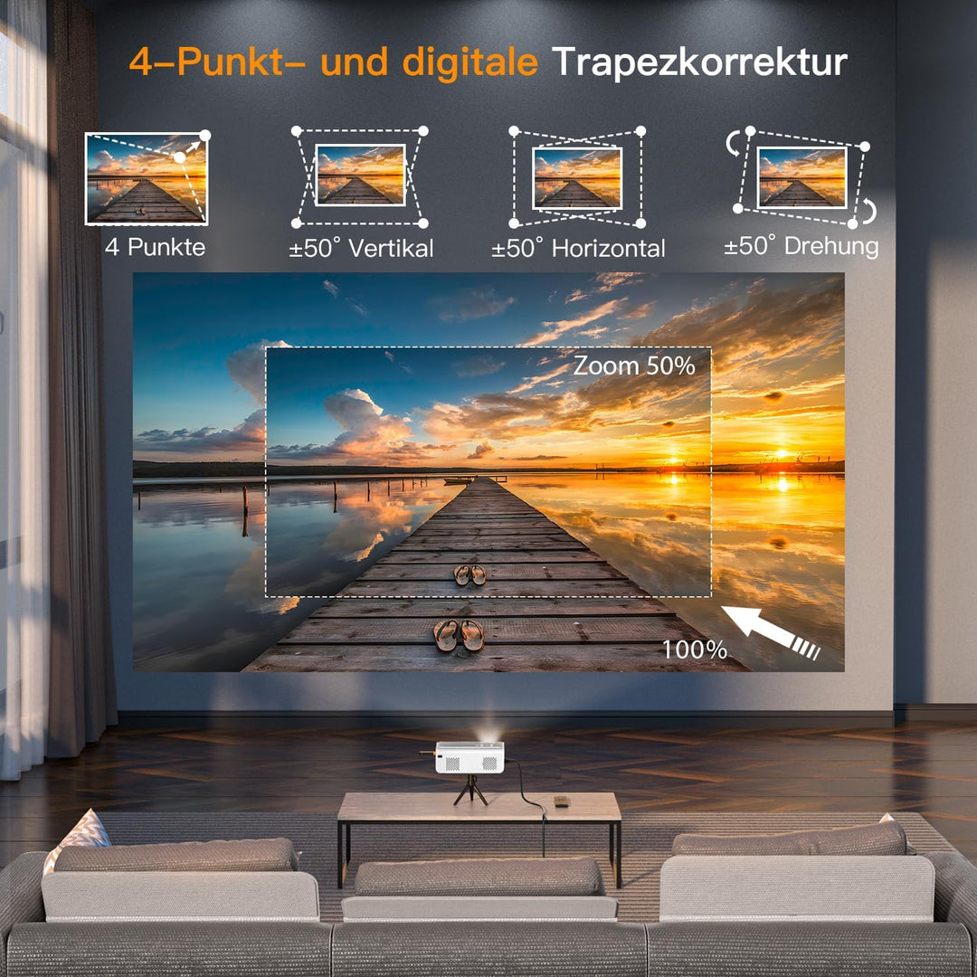 Smart Beamer【Elektrische Keystone 6D/4P】 VOPLLS Elektrische Fokus 22000 Lumen Beamer 4K Unterstützt,