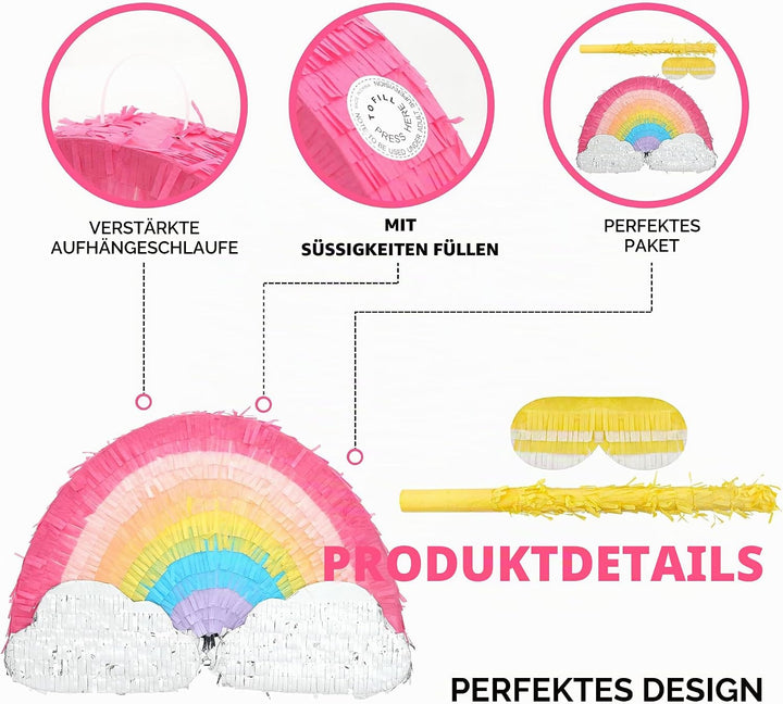 Regenbogen-Pinatas-Set mit Augenbinde und Fledermaus (41,5 x 21,6 x 8,9 cm), Regenbogen-Pinatas für