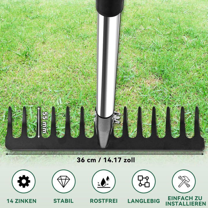 Harke Garten mit Stiel, Gartenrechen aus Metall mit 14 Zinken, Laubrechen mit Edelstahl Stiel zum Lo
