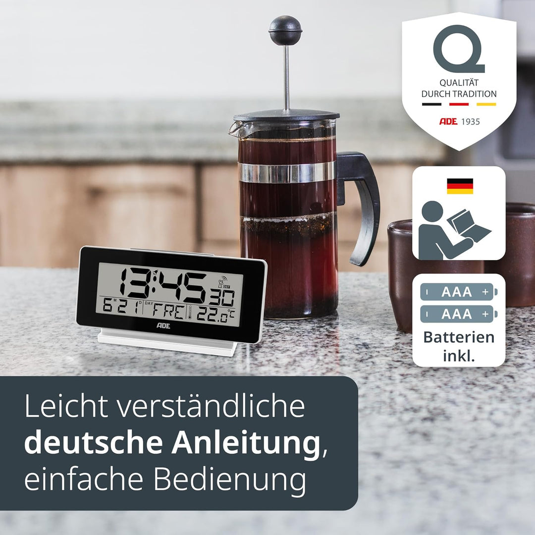 ADE Funkwecker digital mit Batterie | Tischuhr mit Temperaturanzeige, Beleuchtung, Schlummerfunktion