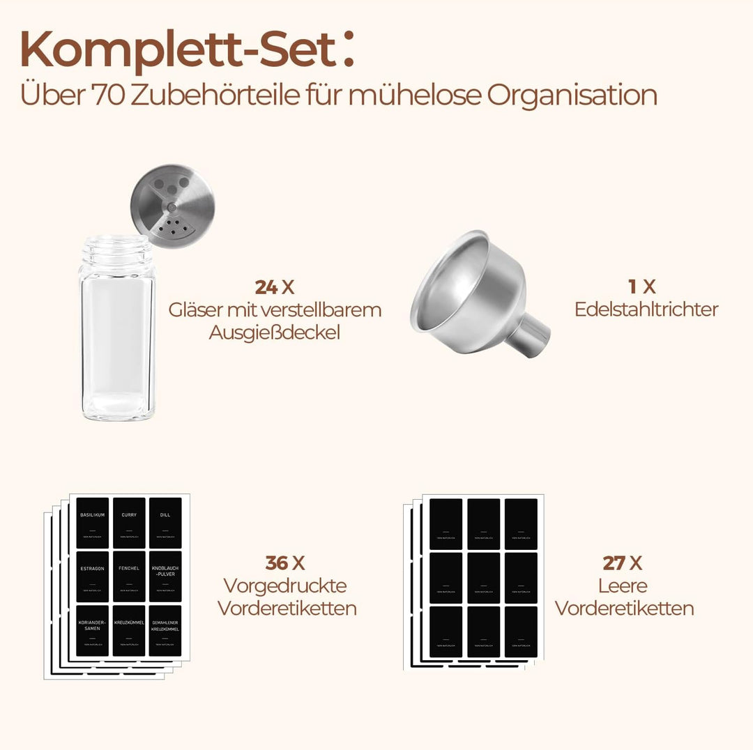 ComSaf Gewürzgläser Eckig mit Etiketten (24×120ml), Gewürzstreuer Glas mit Metalldrehdeckel, Gewürzd