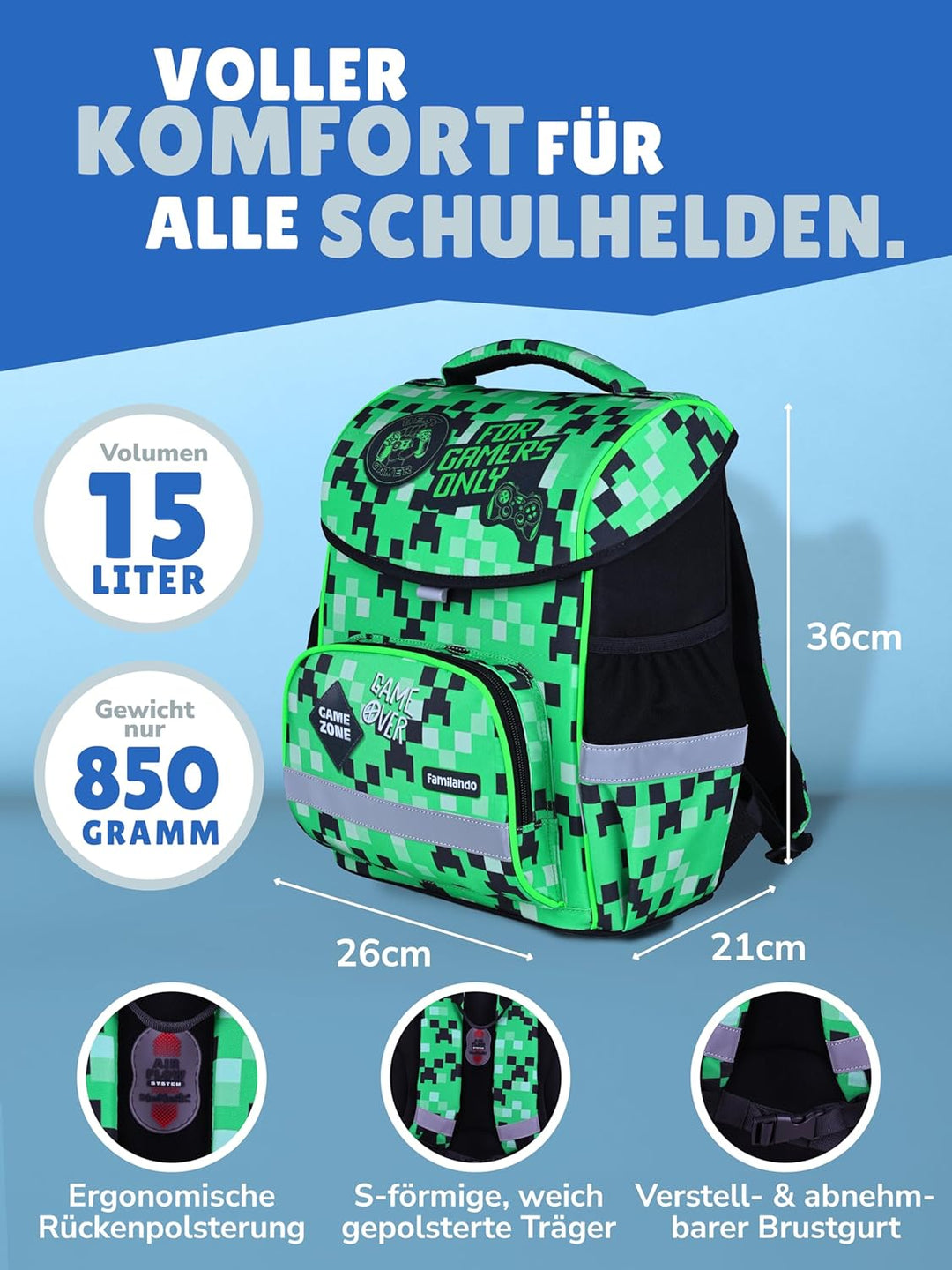 Familando Jungen Schulranzen 1. Klasse · Playworld Gaming Pixel Schultasche · ergonomisch & leicht ·