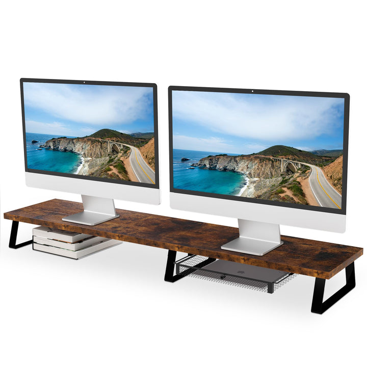 Aothia Vintage Dual Monitorständer aus Holz - Bildschirmerhöhung mit Schublade für Laptop/Computer/P