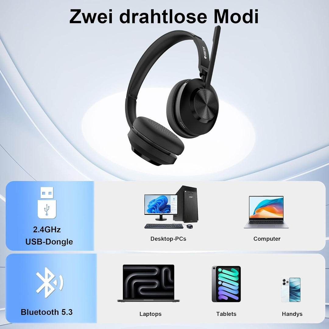Kabelloses Headset, Bluetooth On-Ear Headset mit Mikrofon und Rauschunterdrückung,USB-Dongle für PC,