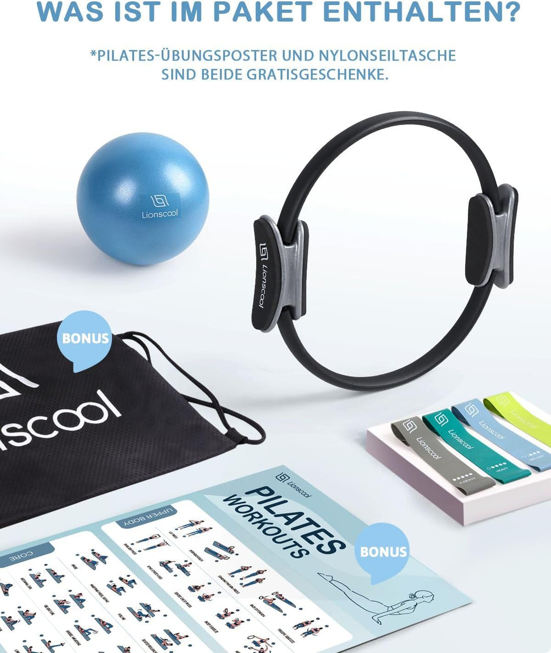 LIONSCOOL Pilates-Ring-Set – 14“/35cm Magic Circle mit Doppelgriffen – Inkl. platzfestem Miniball, W