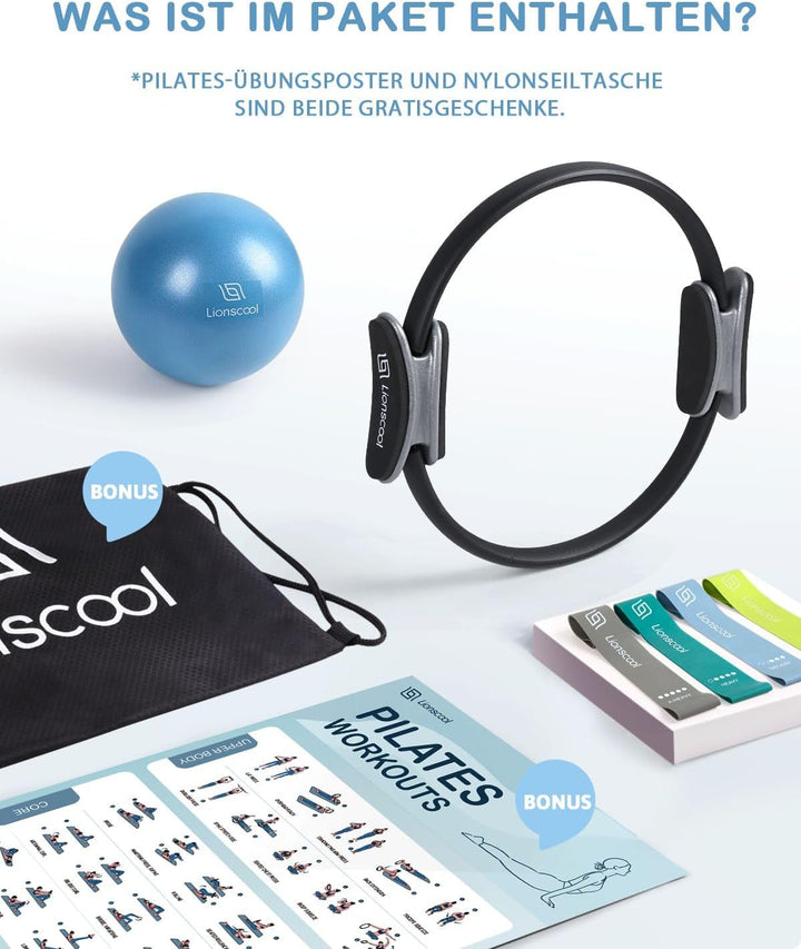 LIONSCOOL Pilates-Ring-Set – 14“/35cm Magic Circle mit Doppelgriffen – Inkl. platzfestem Miniball, W