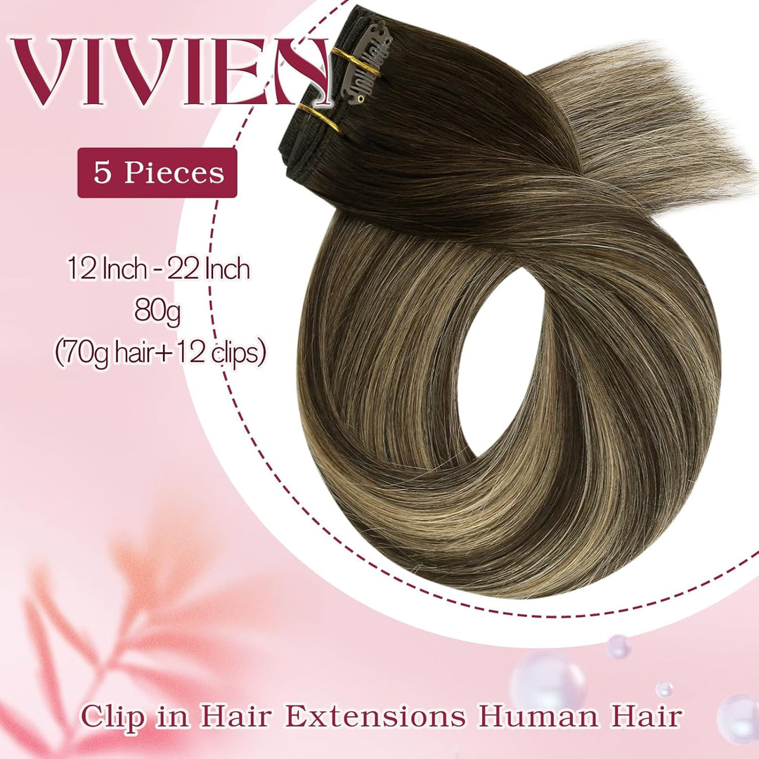 Vivien Haar Extensions Echthaar Clips Ombre Braun 55 cm Remy Haarverlängerungen Echthaar Clip in Bra