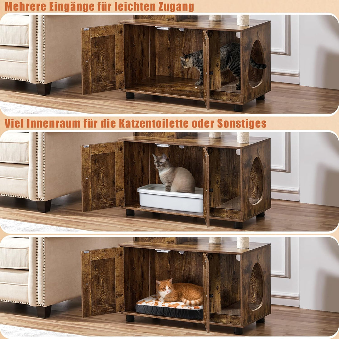 Yaheetech Katzenbaum mit Katzenklo Schrank, 134,5 cm hoch, All-in-One Kratzbaum mit Höhle Plattform