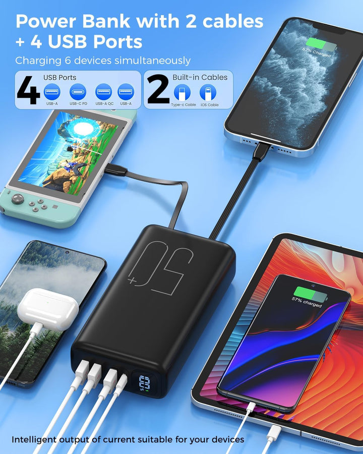 Powerbank 51000mAh, 22,5W Schnellladung Externer Akku integriertem Kabel Schwarz-01, Schwarz-01