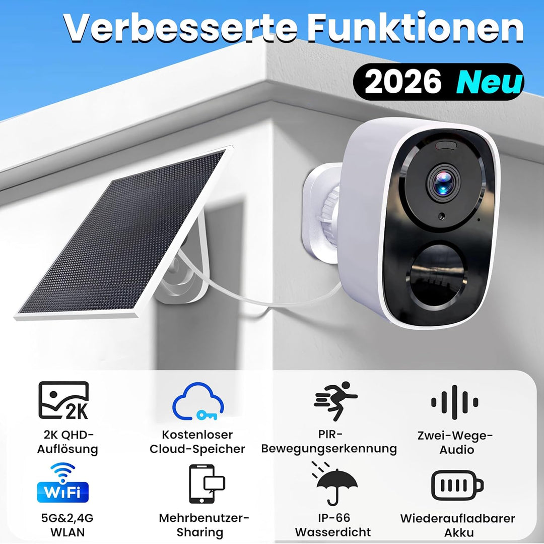 HITELLARCAM 2K Überwachungskamera Aussen Akku Solar, 5GHz/2.4GHz WLAN, 2 Set Weiss 2PCS Kamera with