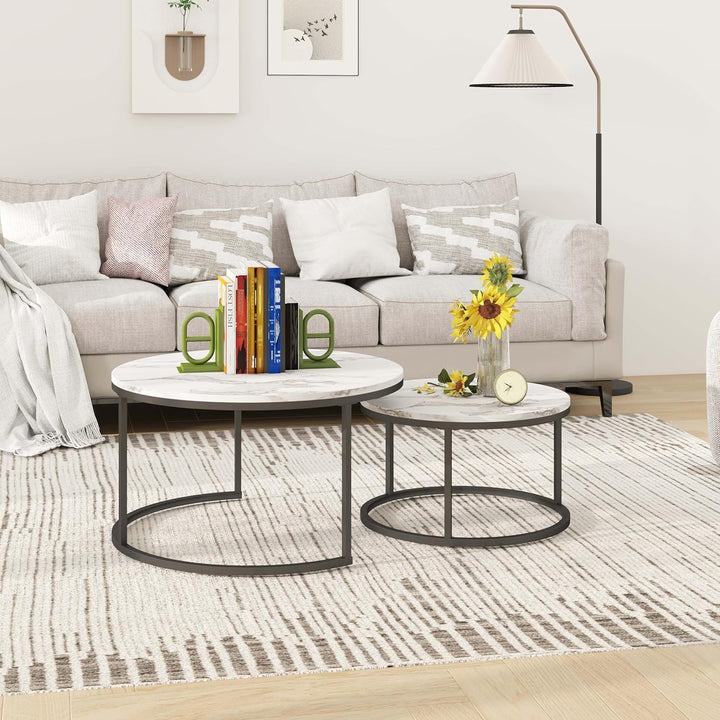 Couchtisch Schwarz, Couchtisch 2er Set mit 1 Grosser Couchtisch Rund und 1 Kleiner Tisch, Beistellti