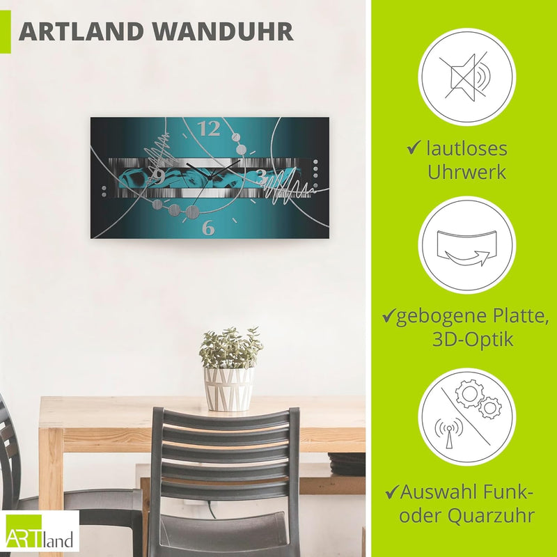 ARTLAND Wanduhr ohne Tickgeräusche Alu Funkuhr 50x25 cm Rechteckig Lautlos 3D Design Abstrakt Kunst