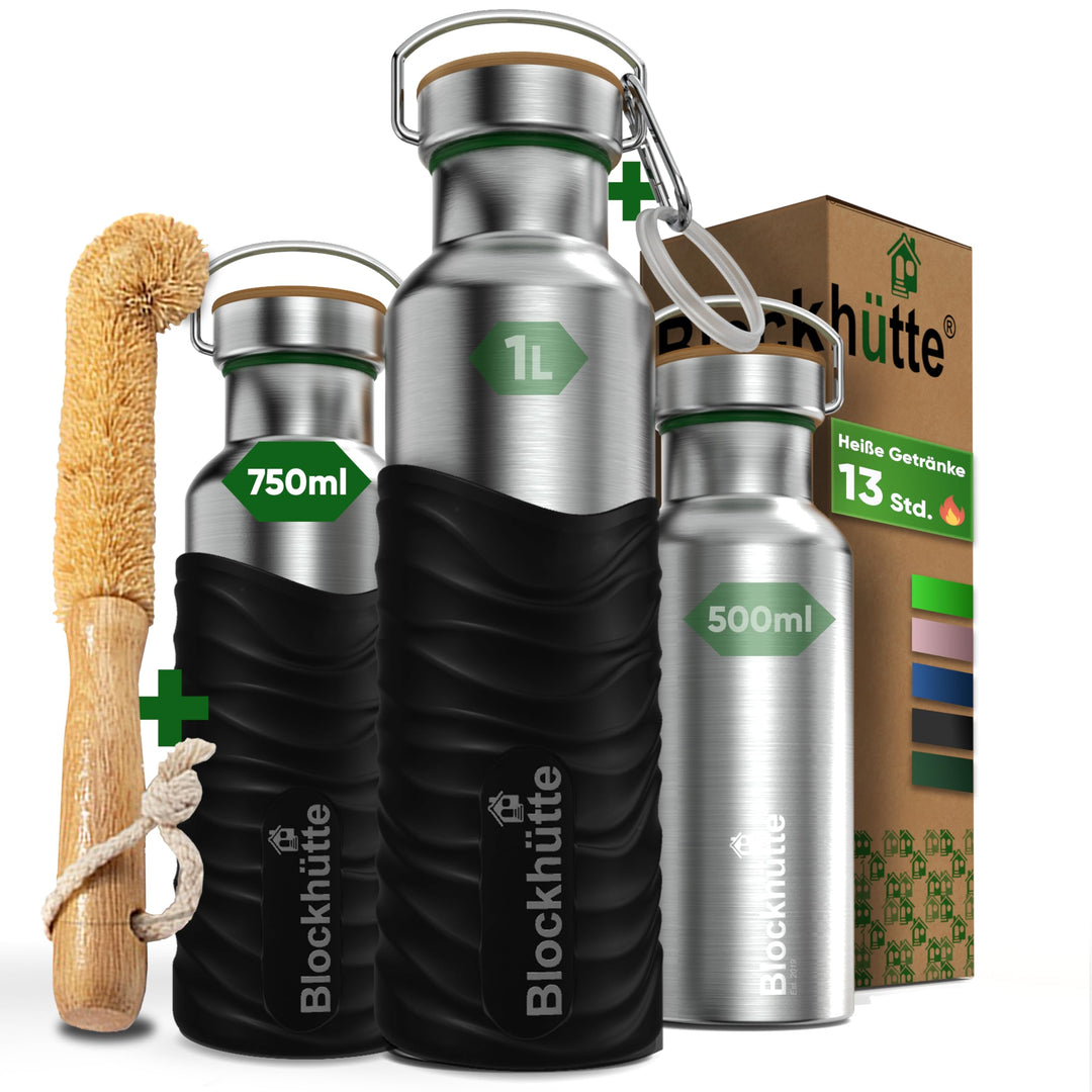 Blockhütte Edelstahl Trinkflasche 750ml I Wasserflasche Kohlensäure geeignet I Auslaufsicher, BPA-Fr