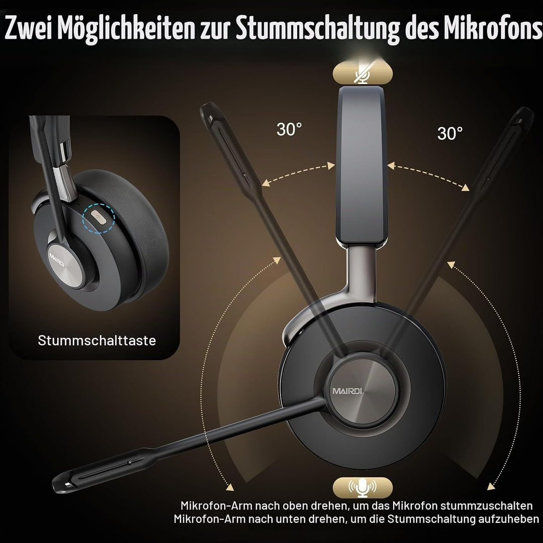 Headset mit Mikrophone Bluetooth, Hybrid Active Noise Cancelling Kabelloses Headset für PC Laptop, 3