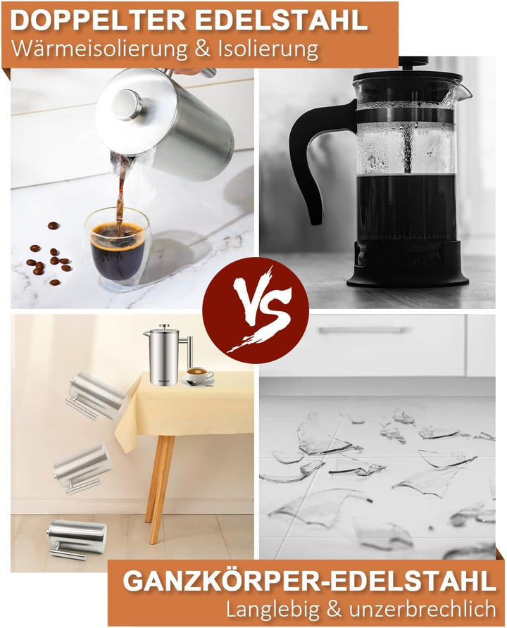 French Press Kaffeebereiter Edelstahl 350 ml/2Tassen, French Press Thermo, doppelwandig isoliert - 0