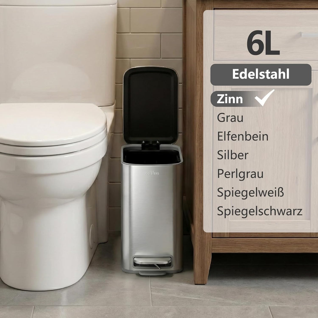 mVm Mülleimer Küche 6L, Mülleimer Bad, Abfalleimer Edelstahl, Zinn | Soft-Close, Herausnehmbarem Inn