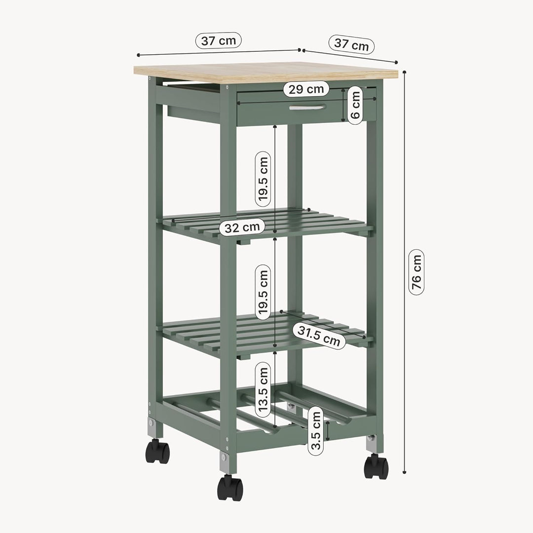 [en.casa] Servierwagen Biel Grün/Holzfarben 76 x 37 x 37 cm Küchenwagen Aufbewahrungsregal mit Rolle